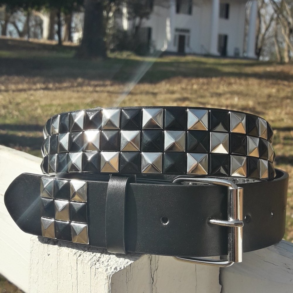 Genuine Leather Belt Metal Studded Rivets Goth Mod Brutalist Grunge Black Belt